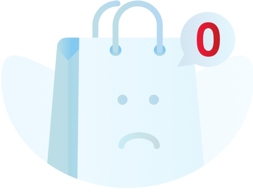 Shopping bag with a sad face and the number 0 implying that there's nothing in your cart.